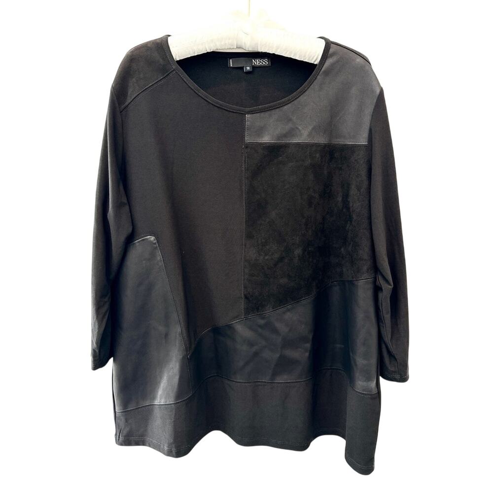 NESS Black Mixed Media Faux Leather Suede Tunic Top Artsy Minimalist | 1X